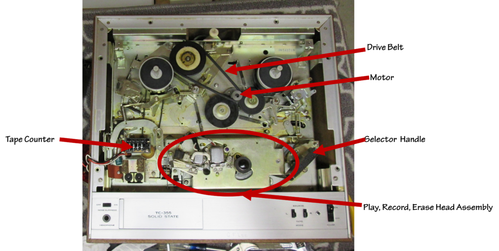 View of the internal parts of the Sony TC-355 with labels